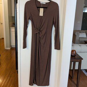 SHIBEVER Women's Long Sleeve Midi Twist Waist Ribbed Dress Size M